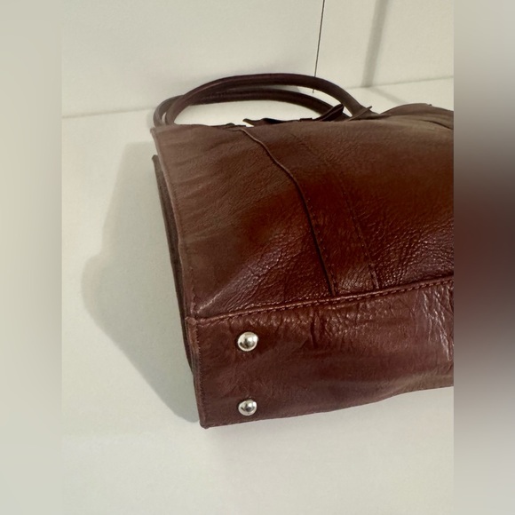 Margot Brown Genuine Leather Tote Shoulder Bag W Bow Travel Stamp Pattern Inside - Picture 6 of 10